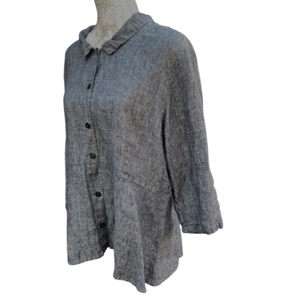 Flax Size Large L Dark Gray Button Down Linen Shirt Peplum Lagenlook Coastal - Picture 4 of 16